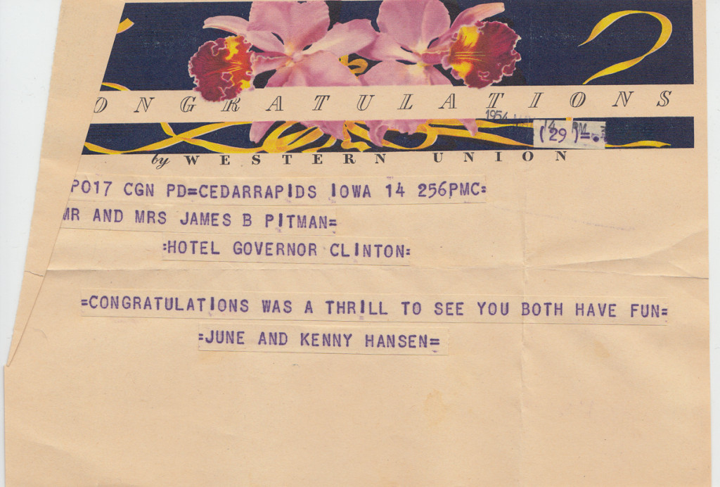 1954 Telegram from to Jack and Merry Pittman at The Big Payoff, New YorkFrom the papers of Merry T. Pittman